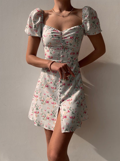 Sexy Square Collar Floral Dress Slim Puff Sleeve Slit Wholesale Dresses