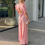 Sexy V-Neck Backless Puff Sleeve Slim Wide-Leg Temperament Jumpsuit Wholesale Women Clothing