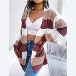 Colorblock Striped Lantern Sleeve Sweater Cardigan Wholesale Womens Tops