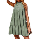 Sleeveless Solid Color Crew Neck Ruffle Pleated Loose Smocked Dress Wholsale Dresses
