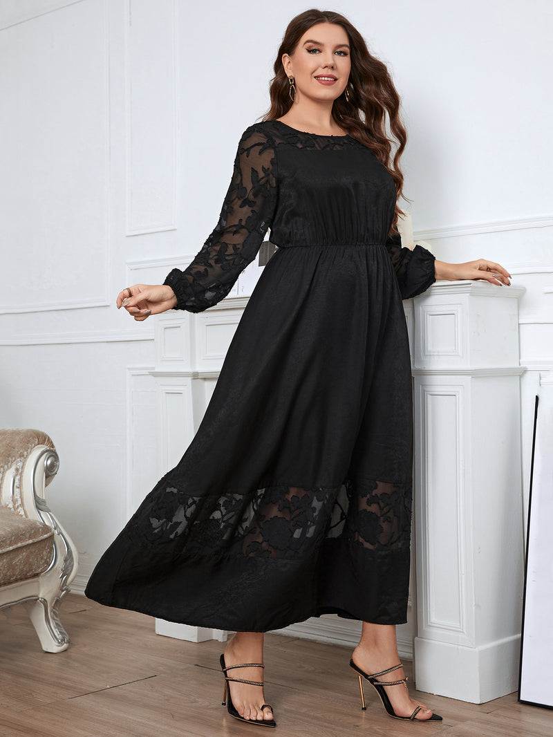 Solid Color Long Sleeve Lace Curvy Maxi Dresses Wholesale Plus Size Clothing