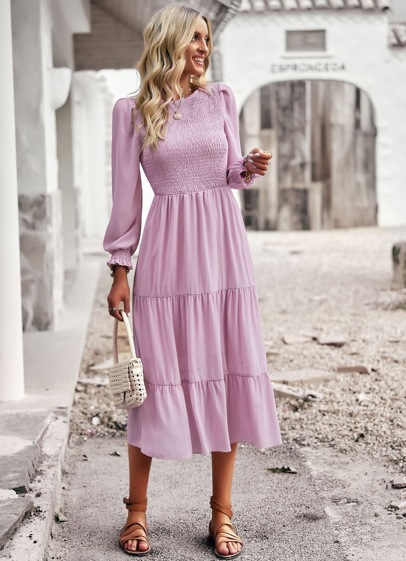 Solid Color Long Sleeve High Waist Smocked Swing Dress Wholesale Dresses