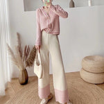 Casual Contrasting Colors V Neck Long Sleeve Coats & Wide-Leg Pants Wholesale Womens 2 Piece Sets