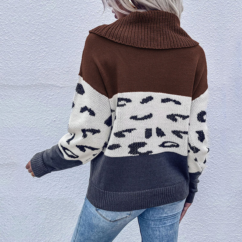 Casual Pile Collar Contrasting Colors Leopard Loose Long Sleeve Wholesale Sweaters