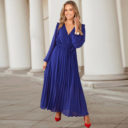 Large-Swing Pleated V-Neck Long Wholesale Dresses