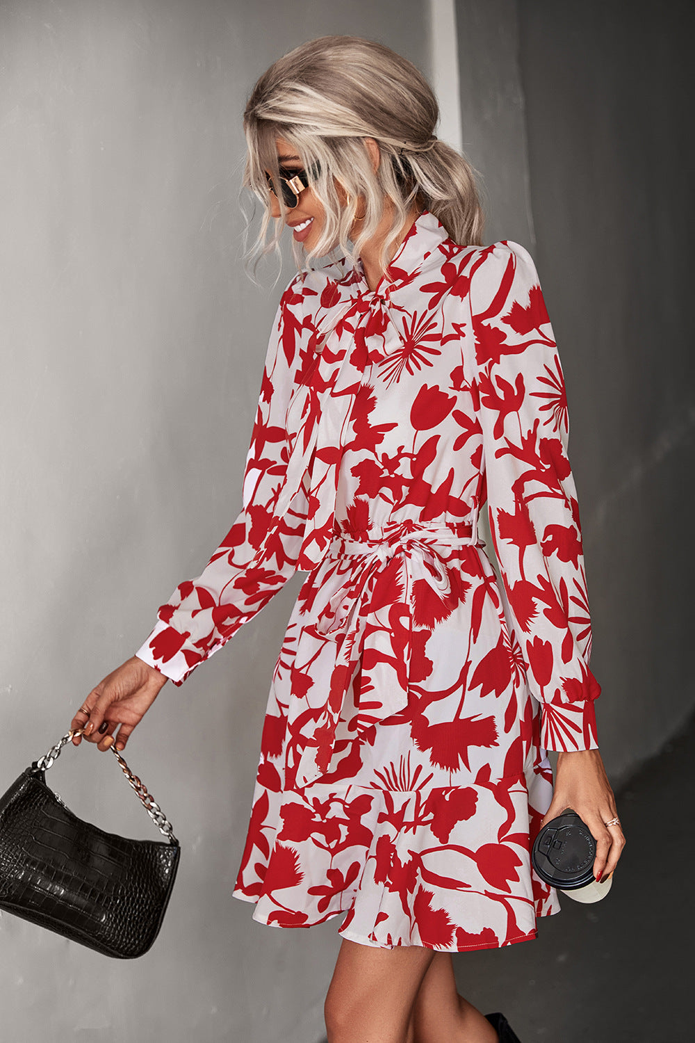 Printed Long Sleeve Elastic Waist Ruffle Dress Wholesale Dresses