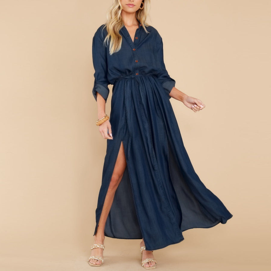 Fashion Long Sleeve Slit Denim Shirtdress Wholesale Maxi Dresses