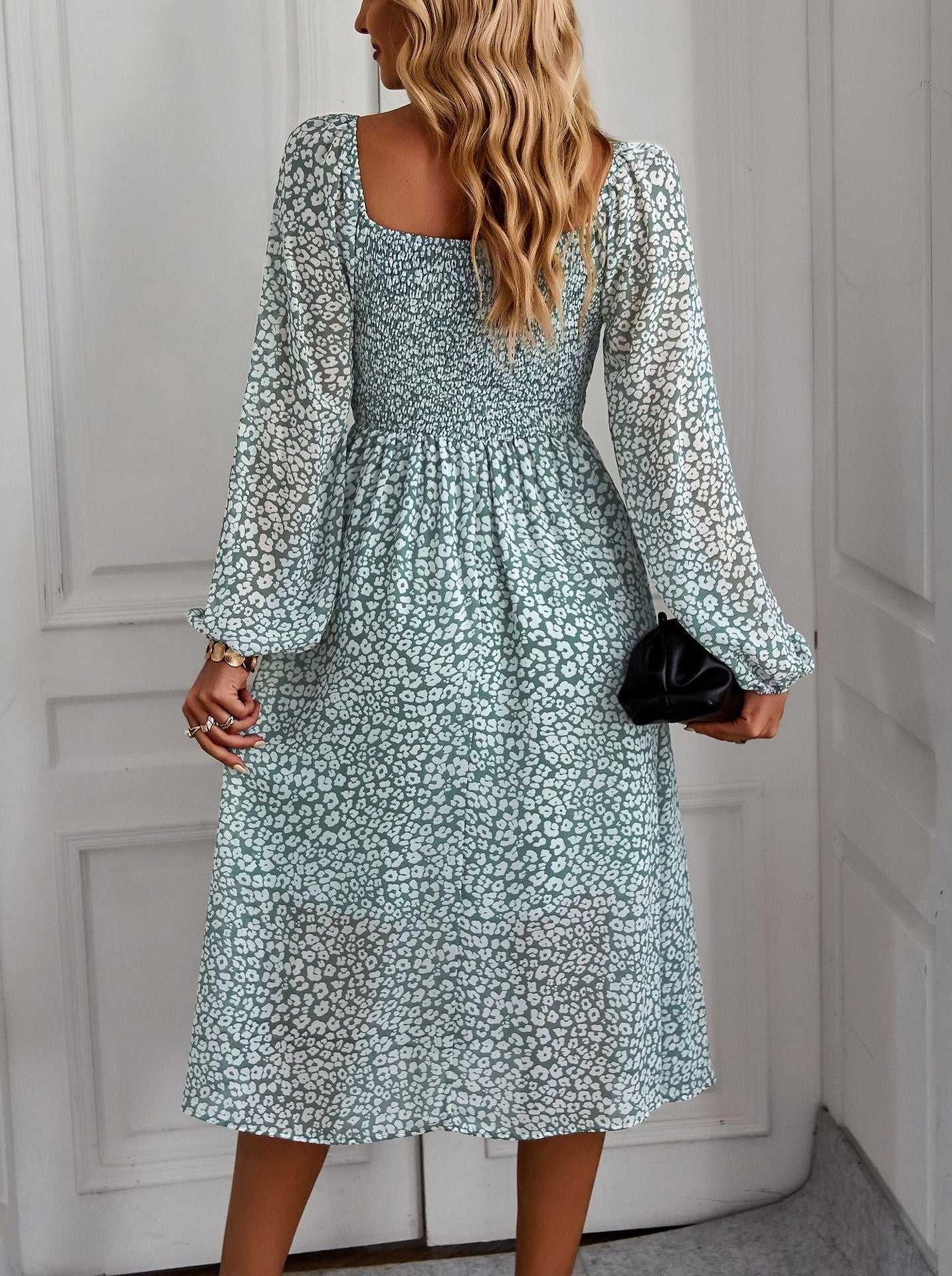 Floral Print Long Sleeve Square Neck Midi Dress Wholesale Dresses