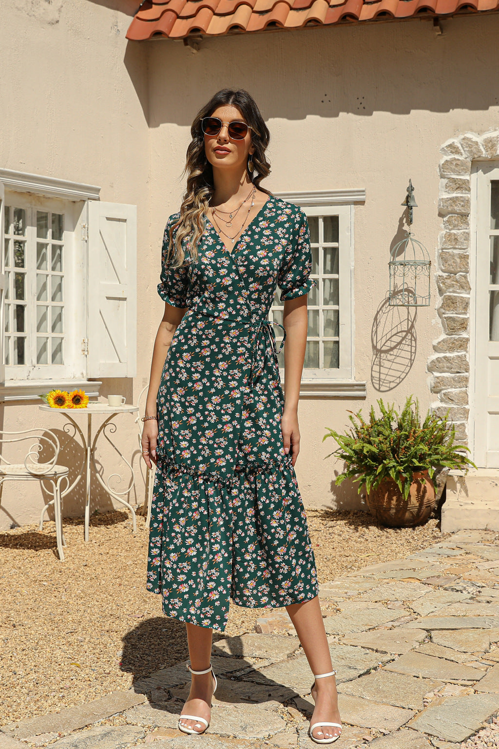 V Neck Tie-Waist Daisy Print Midi Ruffled Swing Dress Wholesale Dresses