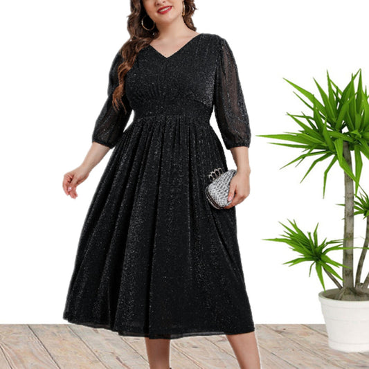 Casual High Waist V-Neck A-Line Midi Dress Wholesale Plus Size Clothing