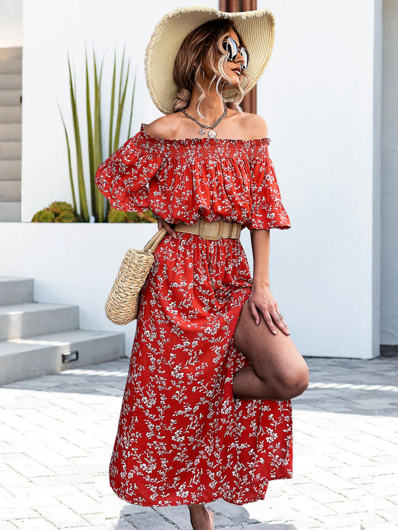 One-Shoulder Tube Top Slit Floral Dress Wholesale Dresses