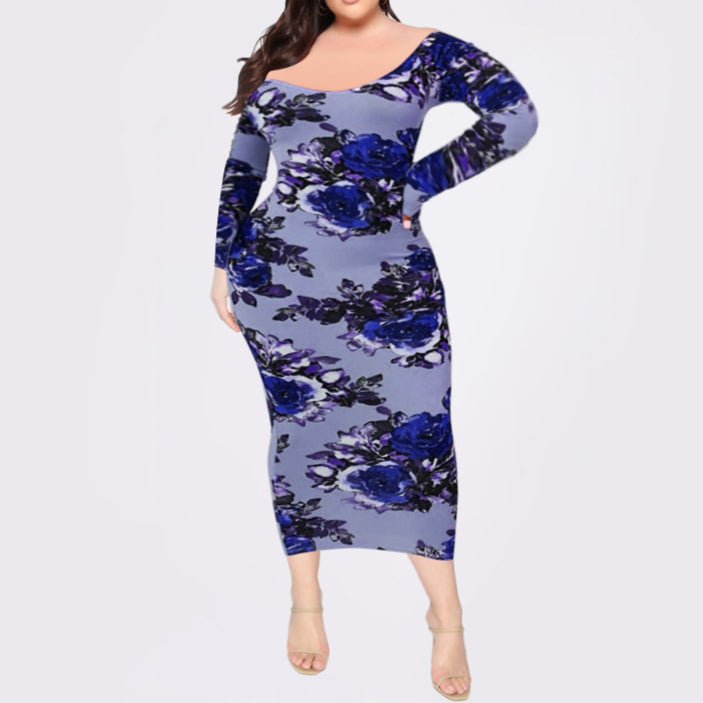 Off Shoulder Floral Print Midi Dress Crew Neck Long Sleeve Sexy Bodycon Wholesale Dresses