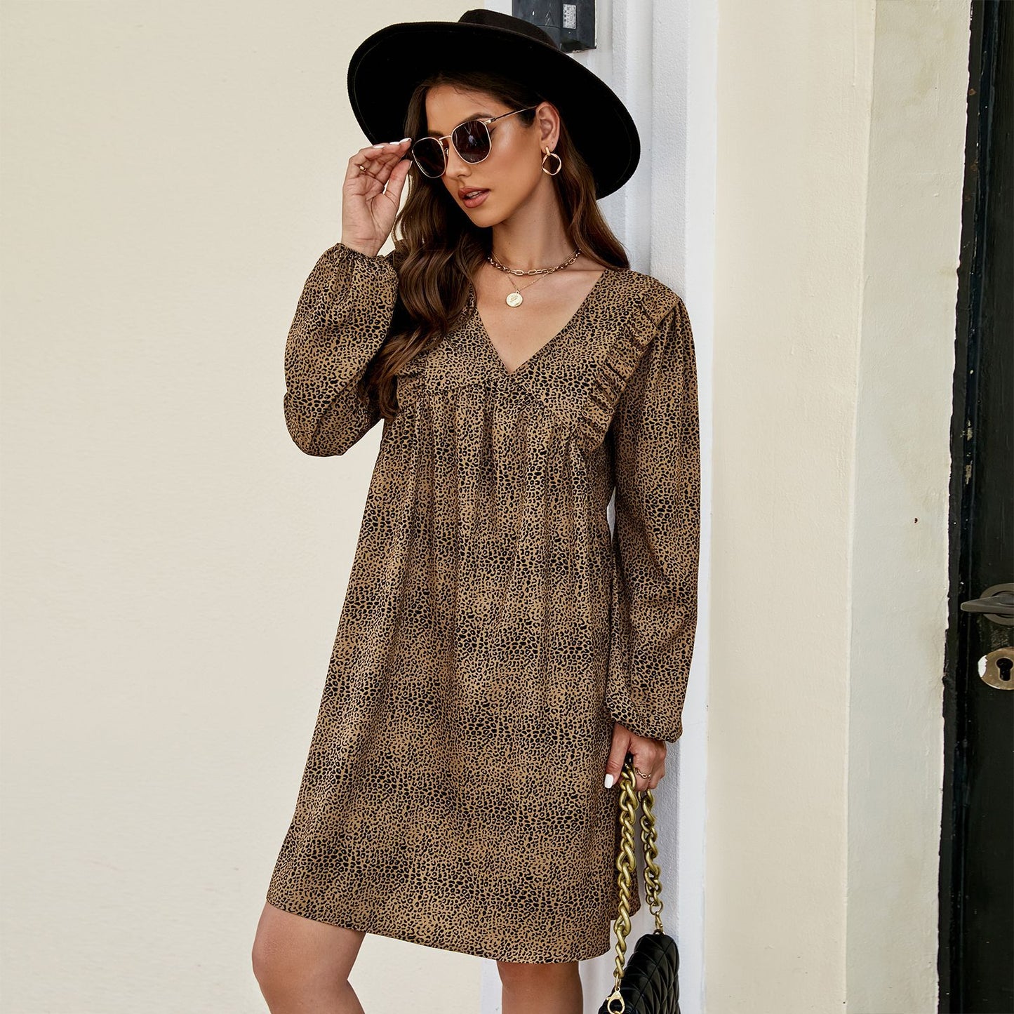 Leopard Print V Neck Loose Long Sleeve Dress Wholesale Dresses