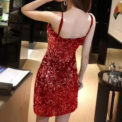 Sequin Sexy Low Cut Tight Suspender Mini Dress Wholesale Dresses