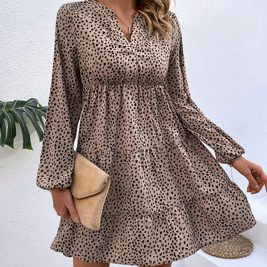 Pleated Leopard Long Sleeve Smocked Dress Wholesale Dresses