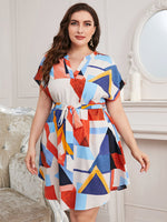 Fashion V Neck Colorful Dress Short Sleeve Dresses Loose Lace-Up Wholesale Plus Size Clothing