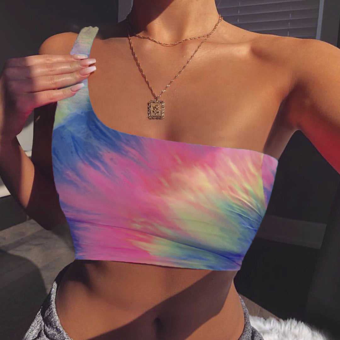 Slanted Shoulder Tie-Dye Print Wrap Chest Vest Sexy Womens Clothing Wholesale Crop Tops