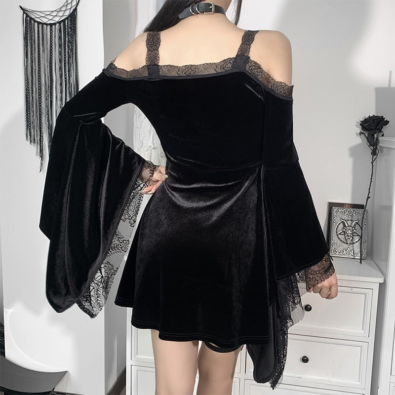 Dark Lace Off-The-Shoulder Trumpet-Sleeve Suspenders A-Swing Dress Wholesale Dresses