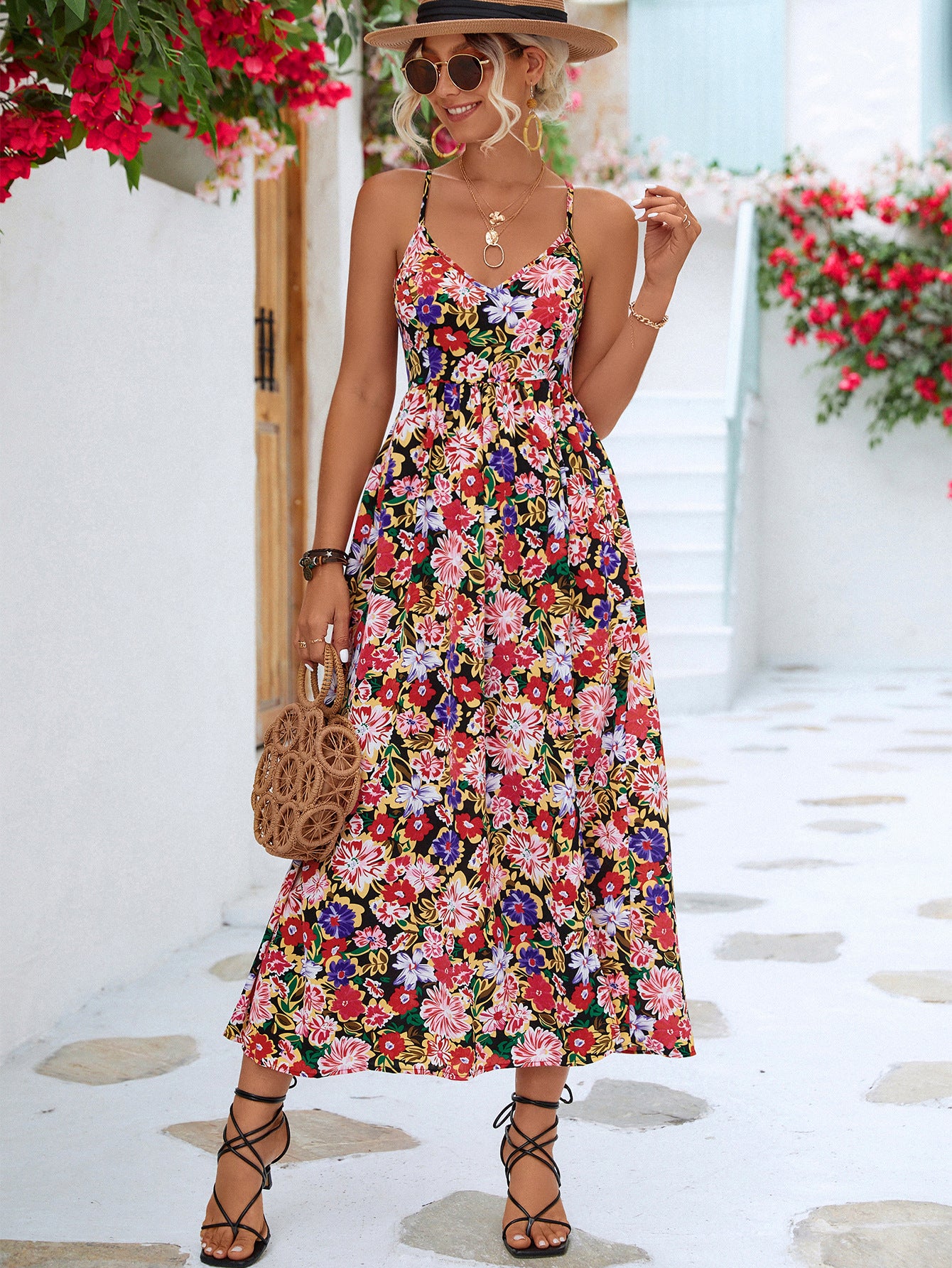 Floral Print Sling High Waist Open Back A-Line Dress Wholesale Dresses