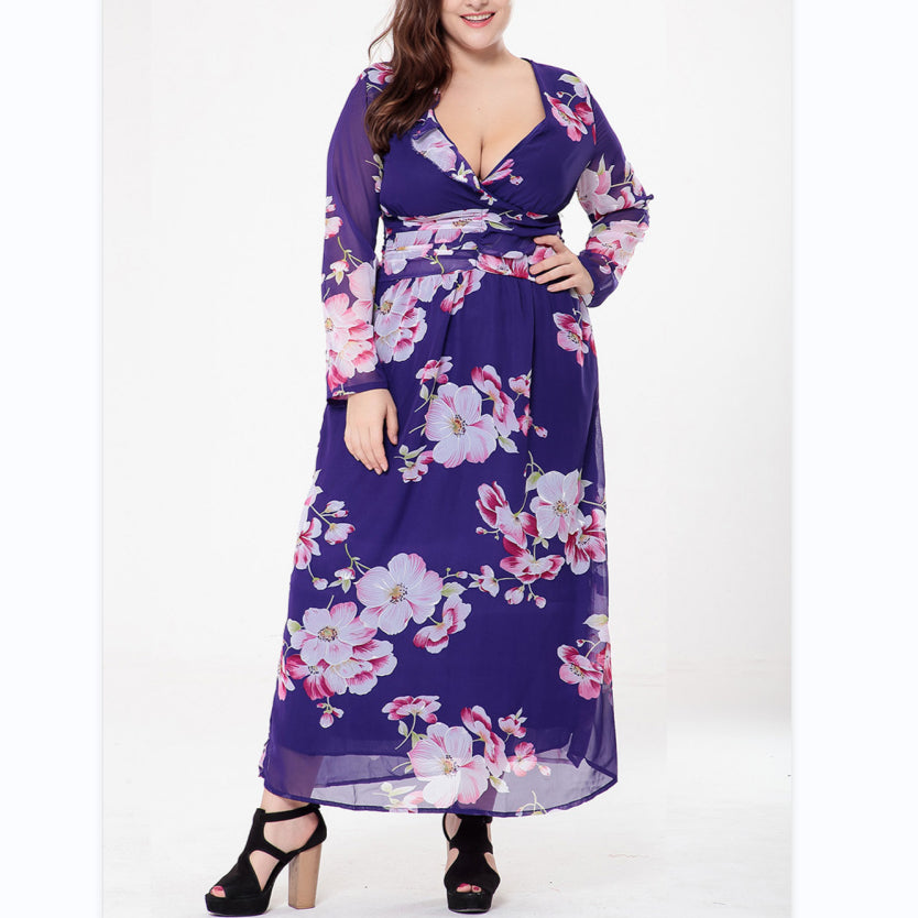 Chiffon Floral Sexy Deep V Midi Dress Long Sleeve High Waist Wholesale Plus Size Clothing