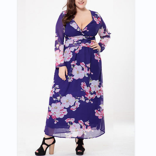 Chiffon Floral Sexy Deep V Midi Dress Long Sleeve High Waist Wholesale Plus Size Clothing