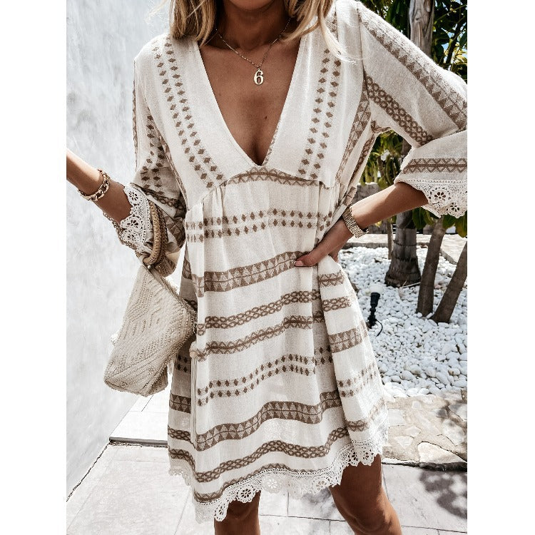 Deep-V Ethnic Style Print Flare Sleeve Lace Loose Casual Dress Wholesale Dresses