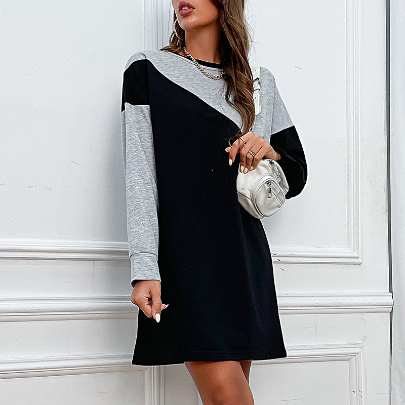 Color-Block Loose Long-Sleeved Casual Crew Neck Sweater Dress Wholesale Dresses