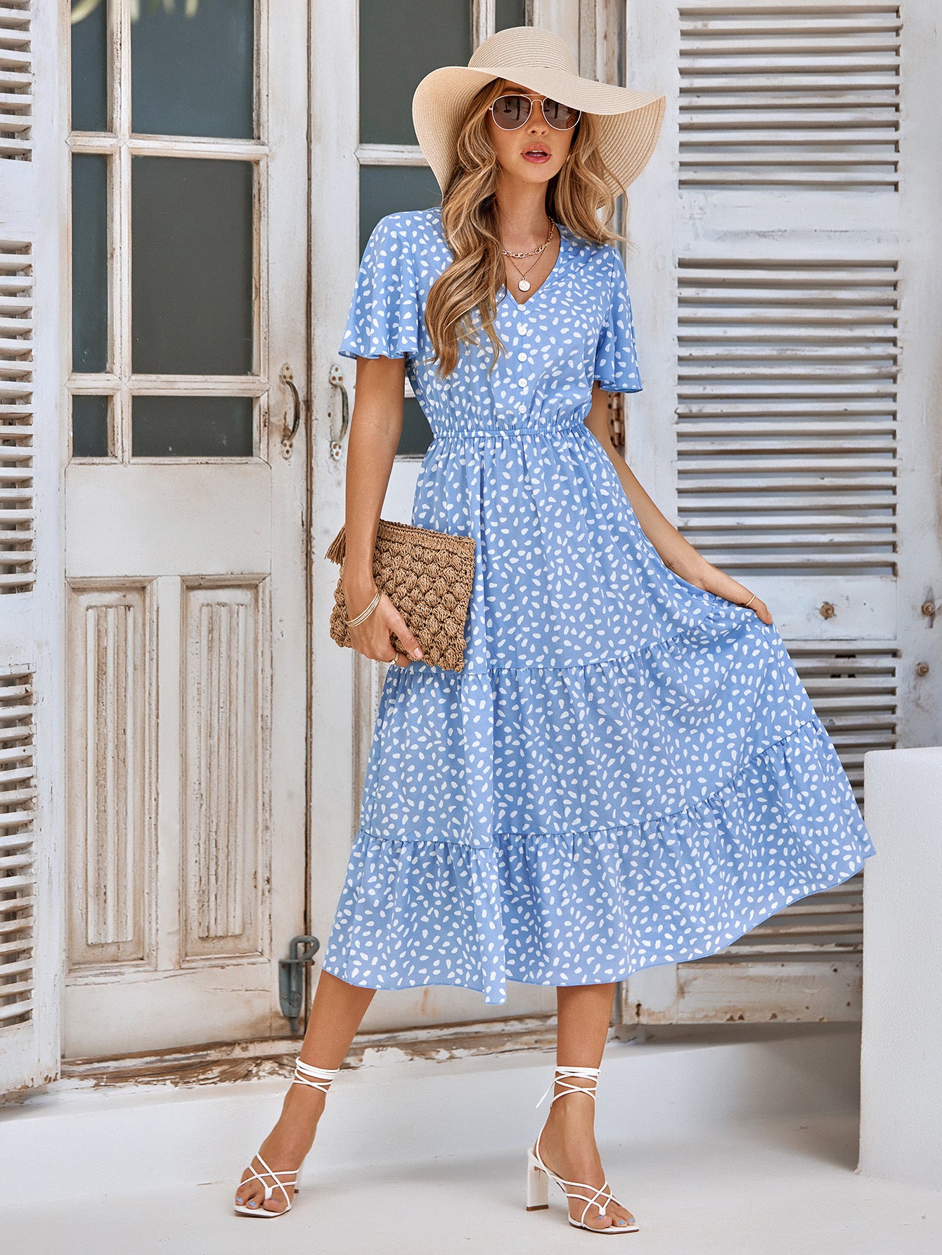 Casual V-Neck Ruffled Short Sleeves Flowy Smocked Dress Wholesale Dresses