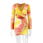 Sexy Tie Dye Cutout Dress V-Neck Flared Sleeve Bodycon Wholesale Dresses