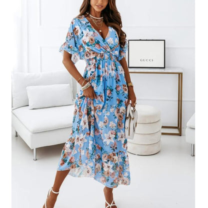 V Neck Short Sleeve Wholesale Floral Dresses Summer