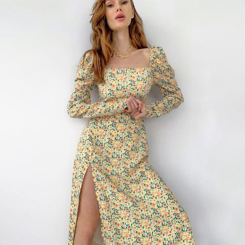 Square Neck Floral Puff Sleeve Midi Dress High Slit Long Sleeve Wholesale Dresses