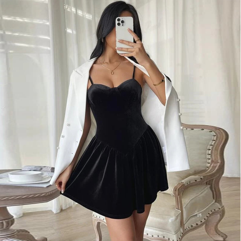 Velvet Sling Solid Color Pleated Sexy Party Slim Mini Dress Wholesale Dresses