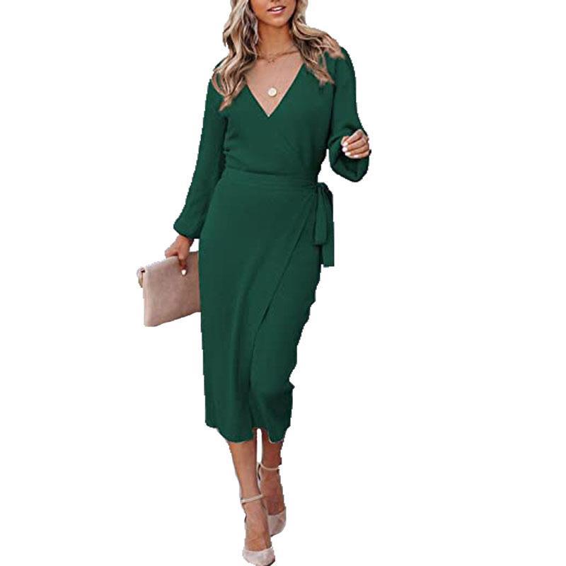 Solid Color V Neck Long Sleeve Tie-Up Slim Wrap Dress Wholesale Dresses