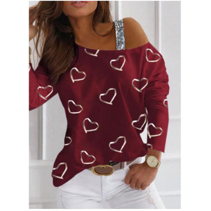 Heart Printed Drop Shoulder Sequins Fashion Pullover Long Sleeve Womens T-Shirts Wholesale Blouse