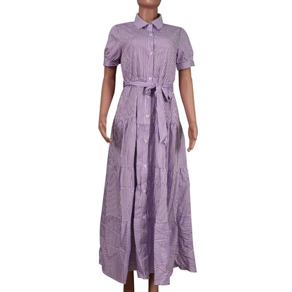 Short Sleeve Striped Print Lapel Smocked Shirtdress Wholesale Maxi Dresses