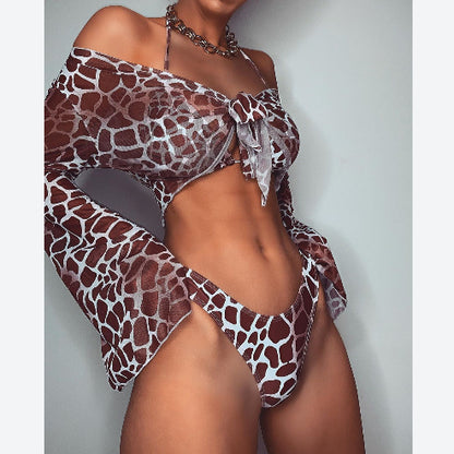 Womens Split Swimsuit Leopard Print Bikini Triangle & Shirts Cover Up 3pcs Swimwear Wholesale Vendors