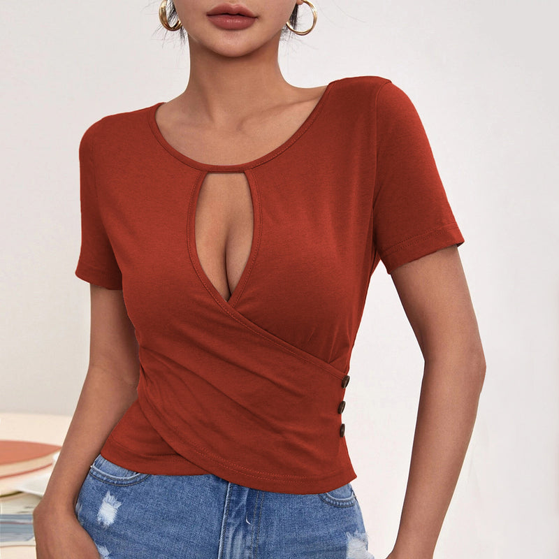Hollow Button Slim Fit Casual Short Temperament Short-Sleeved T-Shirt Wholesale Women Tops