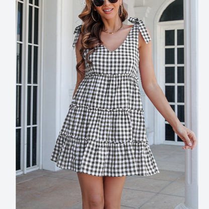 Plaid Print Sleeveless V Neck Wholesale A Line Dresses