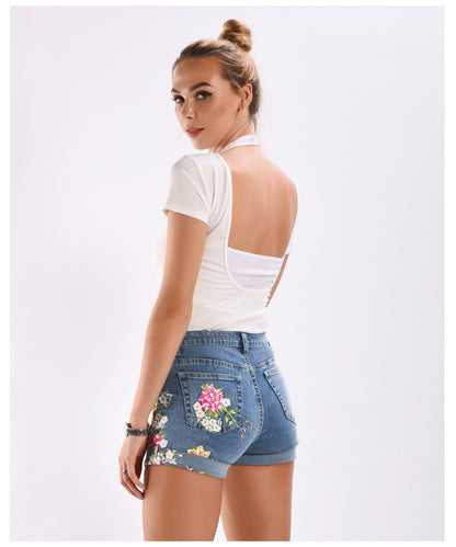 Women Fashion Stretch Shorts Embroidery Floral Denim Wholesale Jean Shorts