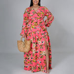 Cutout Sleeve Floral Print Slit Women Curvy Maxi Dresses Wholesale Plus Size Clothing