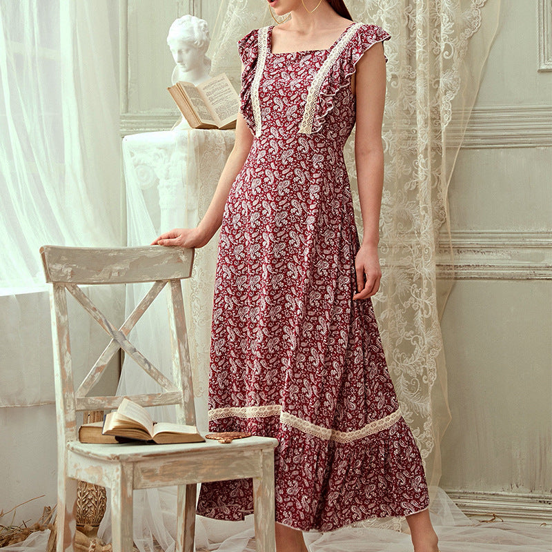 Printed Sleeveless Square Neck Casual Pastoral Style Ruffled Dress Wholesale Dresses