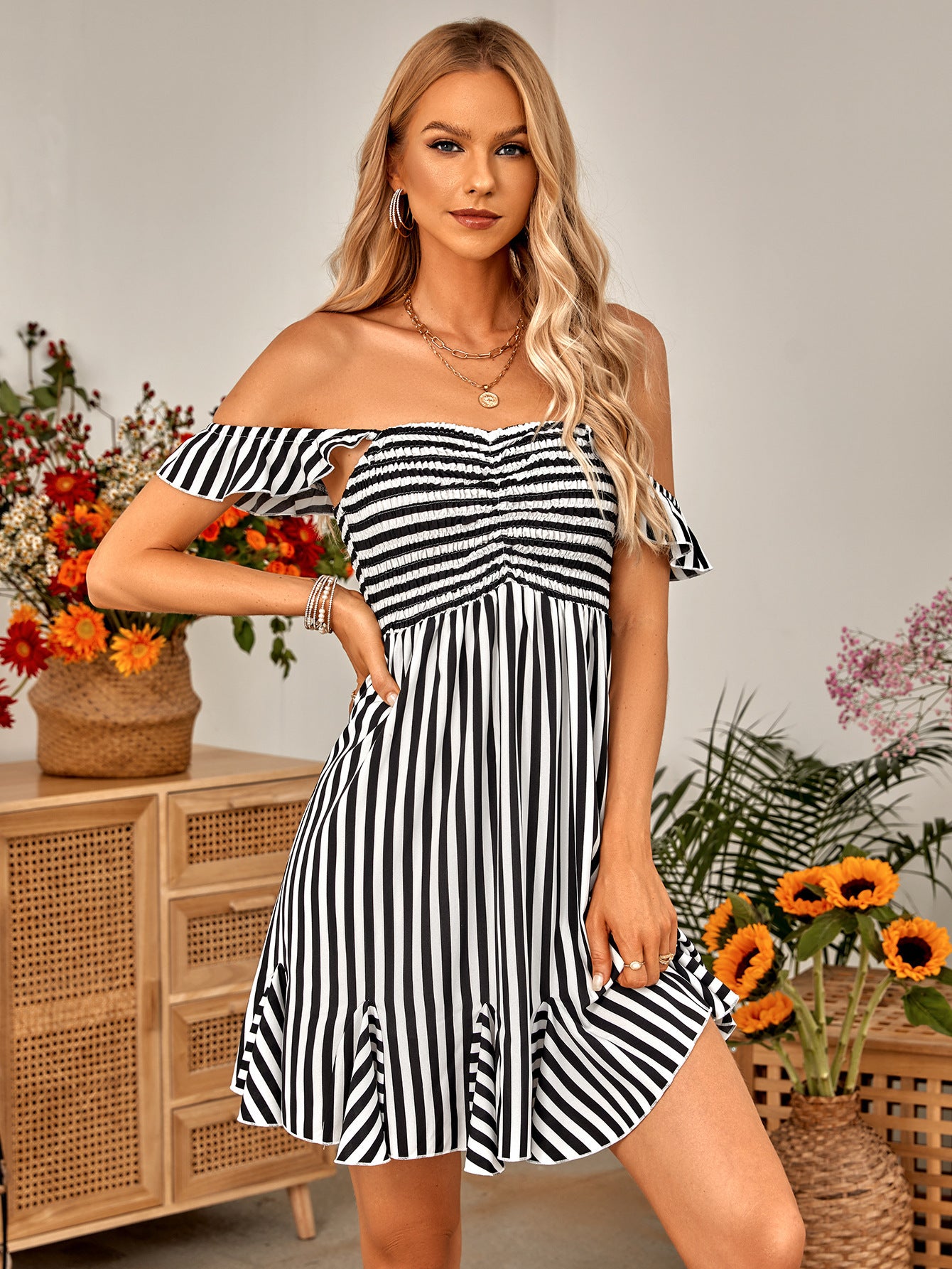 Striped Print Casual Off Shoulder Sling Swing Dress Wholesale Dresses