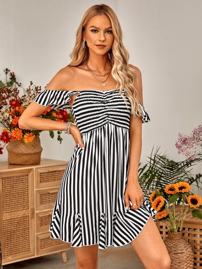 Striped Print Casual Off Shoulder Sling Swing Dress Wholesale Dresses