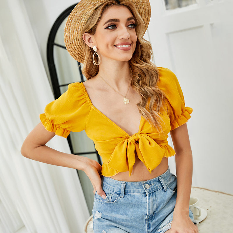 V-Neck Tieback Bowknot Solid Color Sexy Womens Clothes Cropped Shirts Puff Sleeve Wholesale Crop Tops