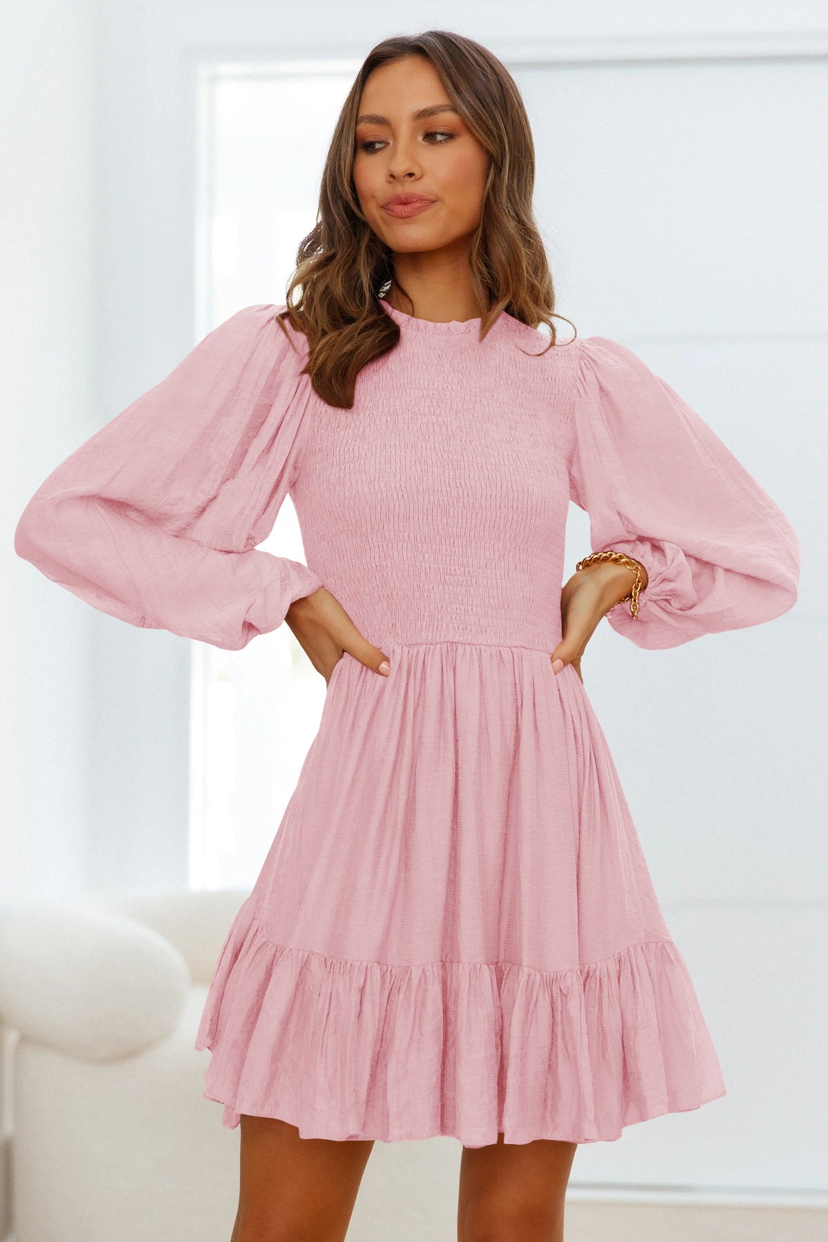 Lantern Long Sleeve Ruffle Collar Swing Dress Wholesale Dresses