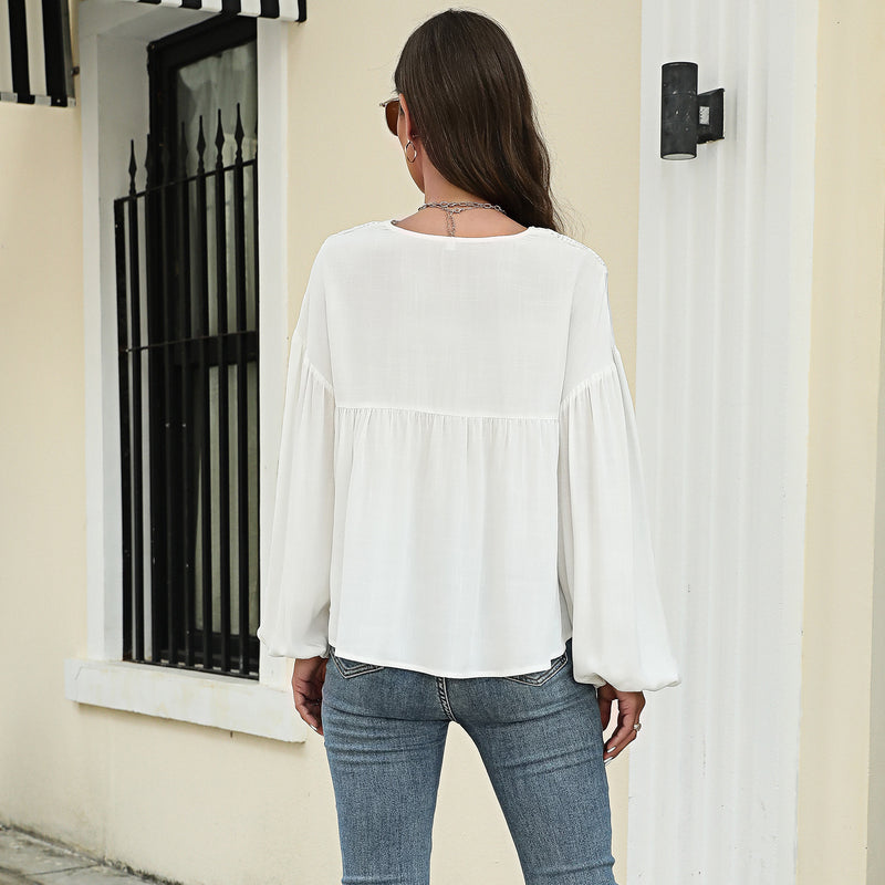 Solid Color Pullover Lantern Sleeve Chiffon Shirt Wholesale Womens Tops