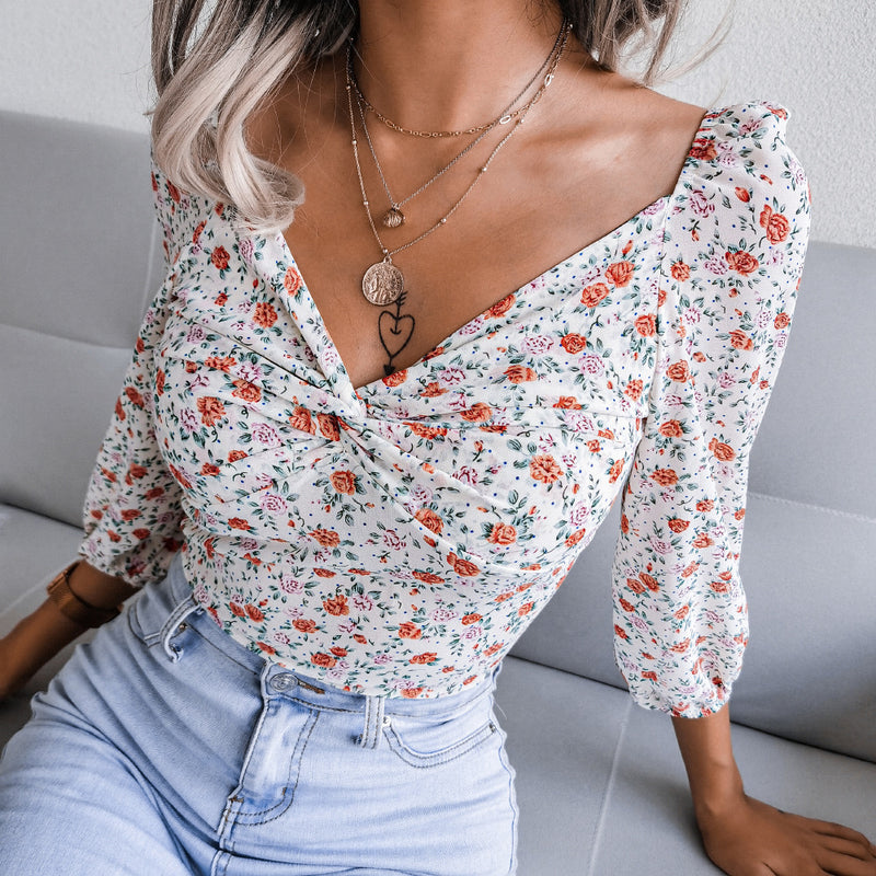 Sexy V-Neck Slim Floral Print Shirt Long Sleeve Chiffon Wholesale Womens Blouses