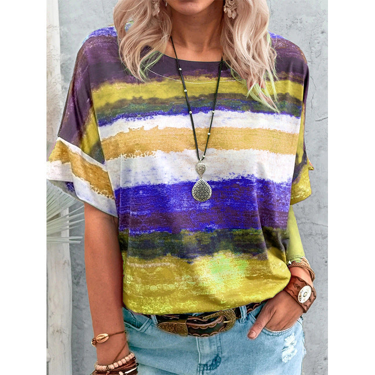 Short Sleeve Gradient Colorblock Print Round Neck Womens Tops Casual Wholesale T Shirts