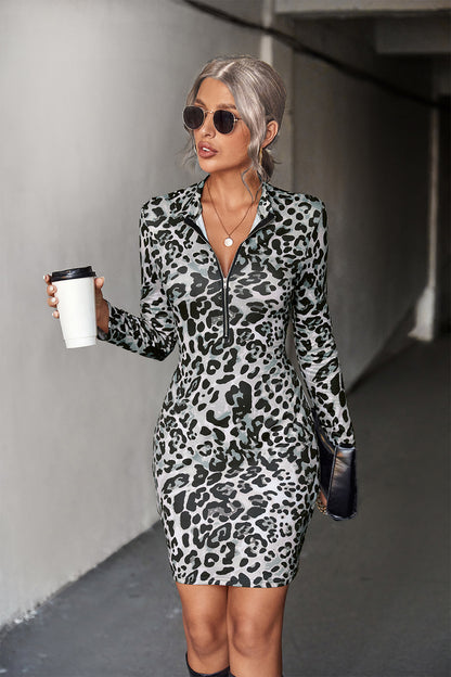 Sexy Zipper Leopard Print Lapel Dress Wholesale Dresses