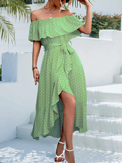 One-Shoulder Irregular Polka-Dot Ruffled Dress Wholesale Dresses